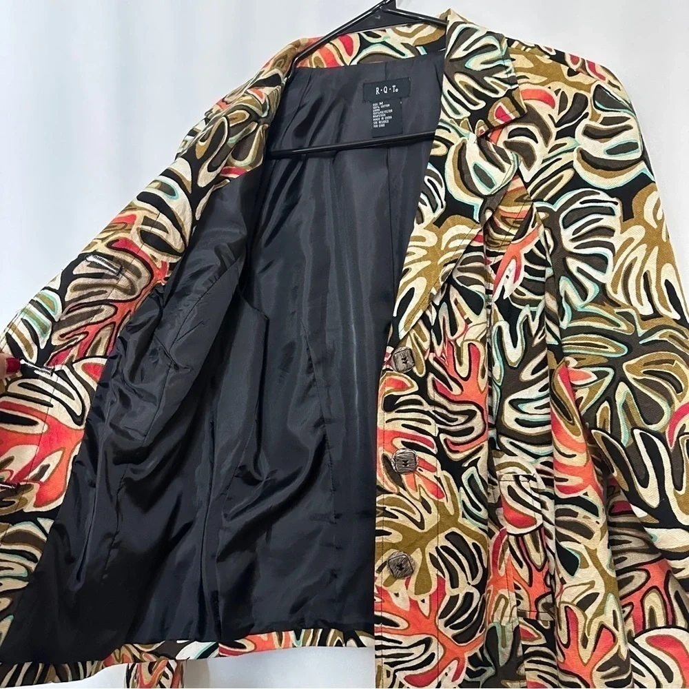 90s Vintage R.Q.T Women's Leaf Print Multicolor Front Button Jacket sz M